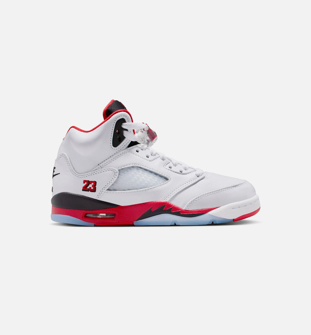 Air Jordan 5 Retro Fire Red Grade School 生活方式鞋 - White/Fire Red/Black